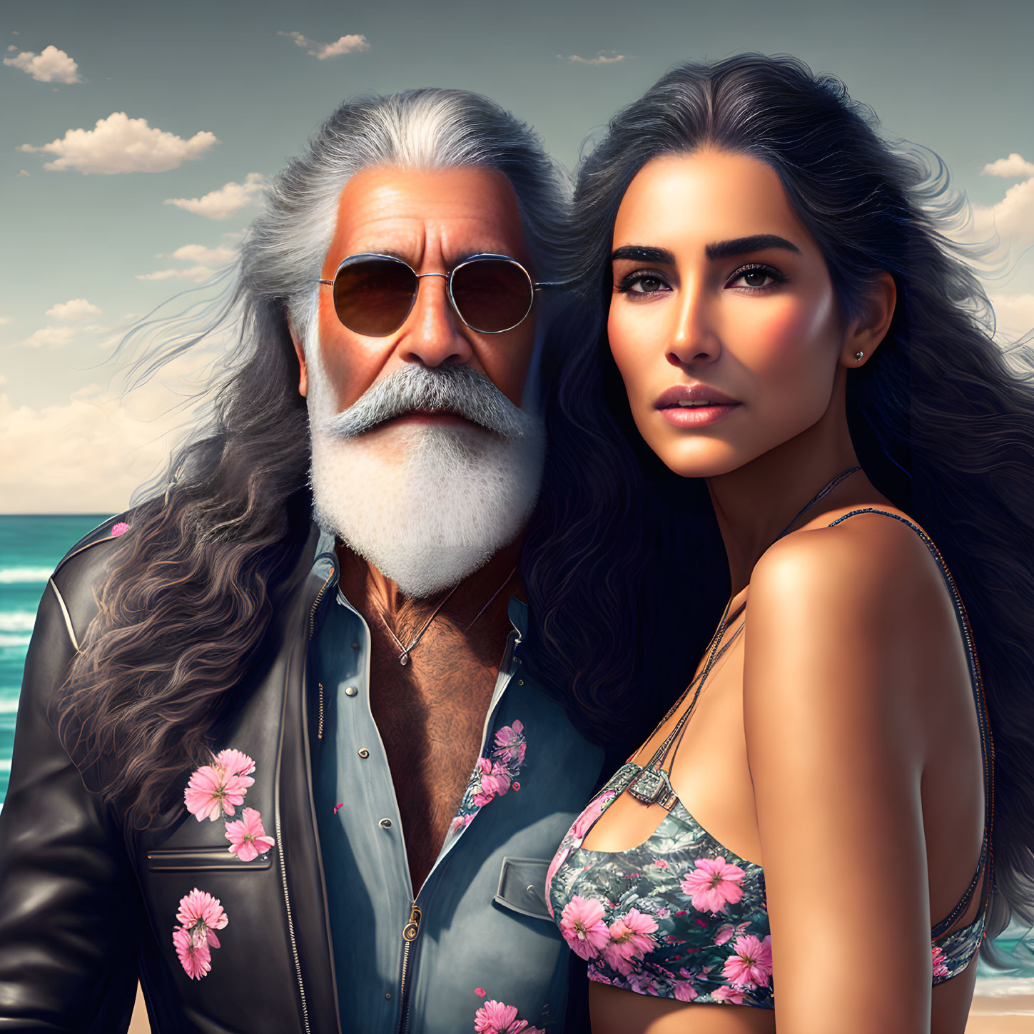 Elderly man with grey beard & woman with dark hair on beach.