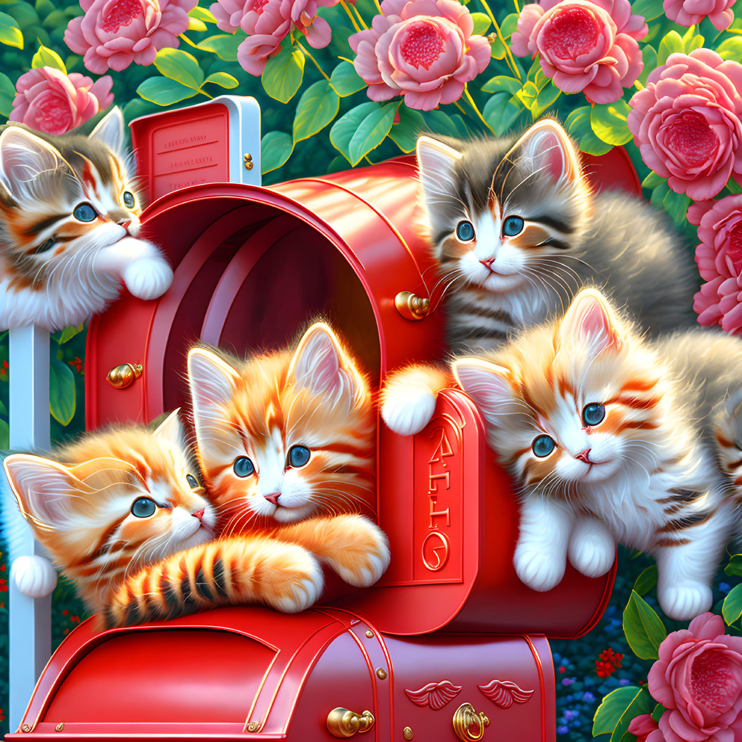 Four Kittens Peeking Out of Red Mailbox with Pink Roses