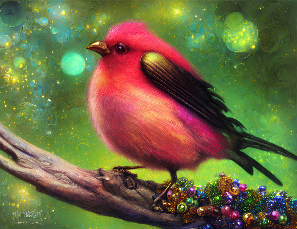 Colorful illustration of red cardinal bird on branch with bubbles and beads