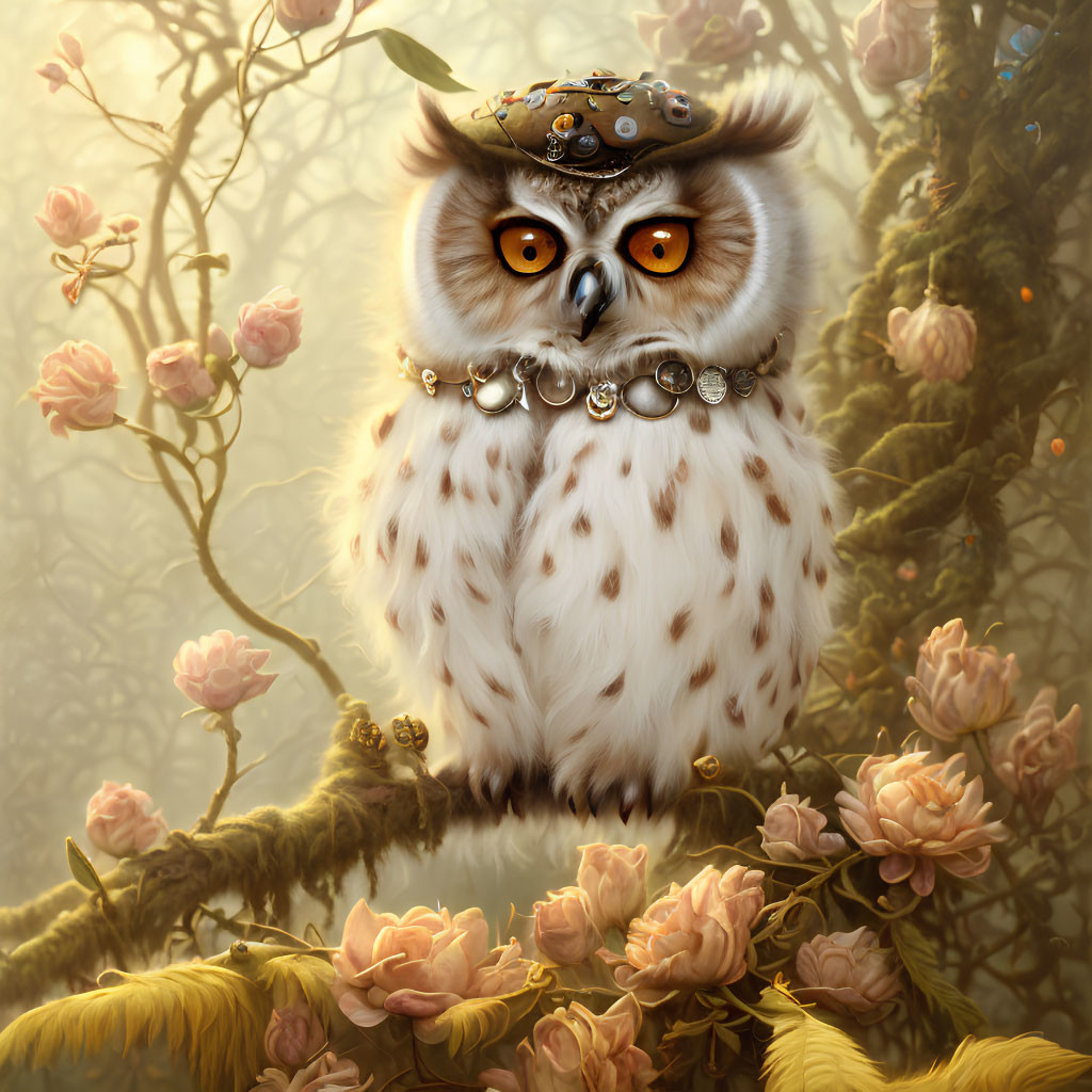 Fantasy owl illustration with steampunk goggles in mystical forest