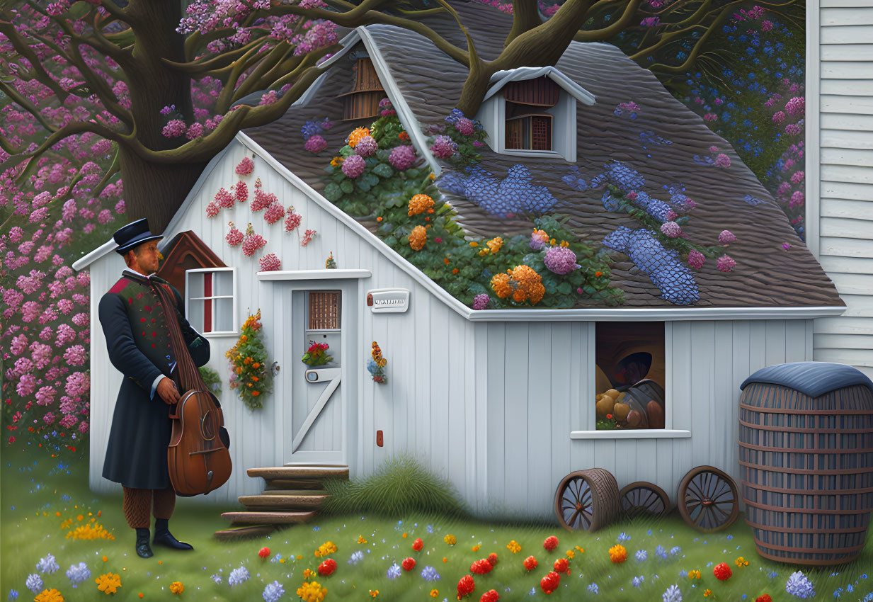 Colonial man by whimsical cottage with moss-covered roof and vibrant flowers