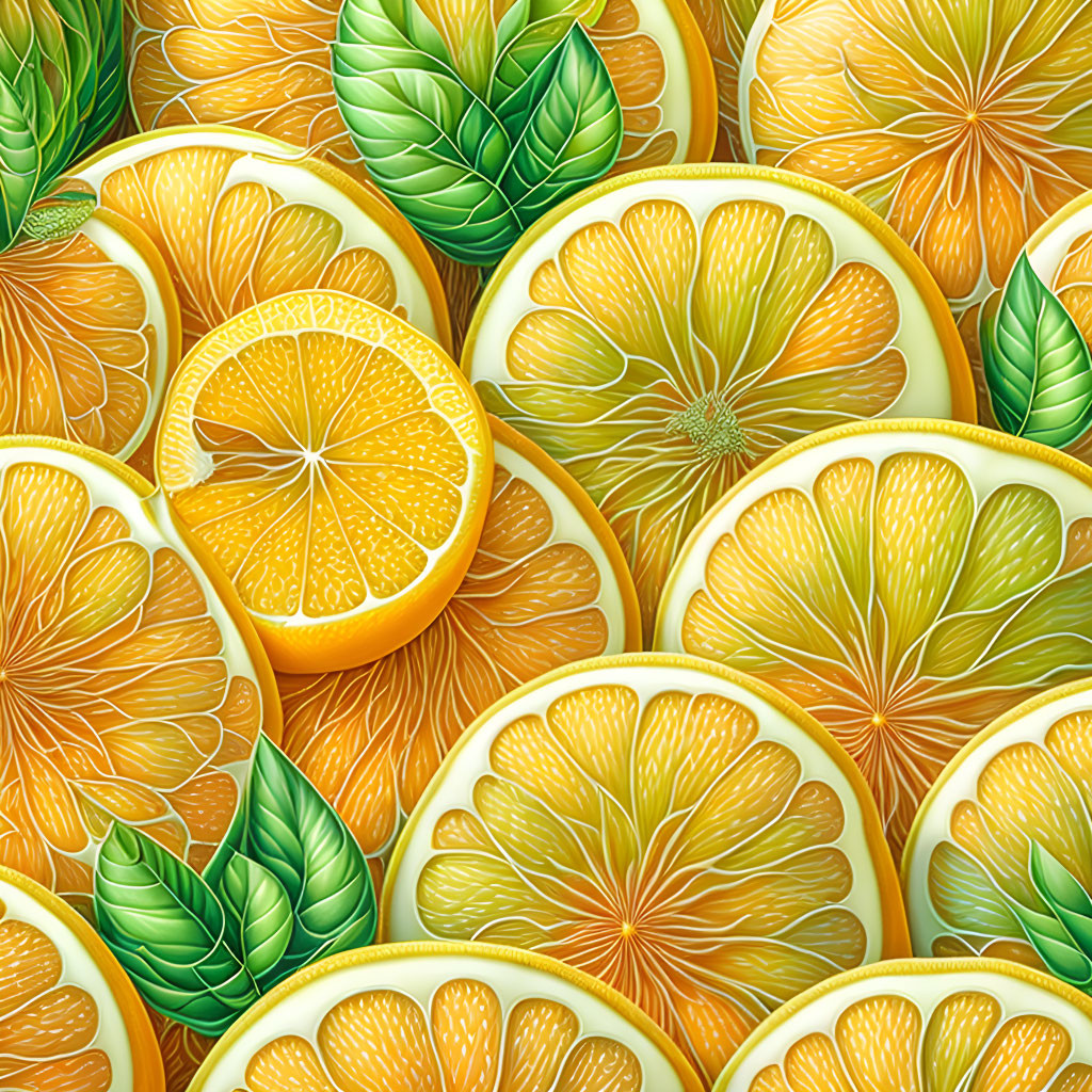 Detailed Illustration of Sliced Lemons and Oranges with Green Leaves