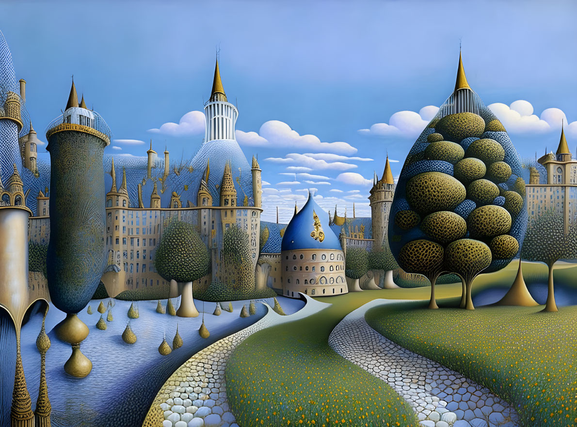 Whimsical surreal landscape with ornate buildings and topiary trees