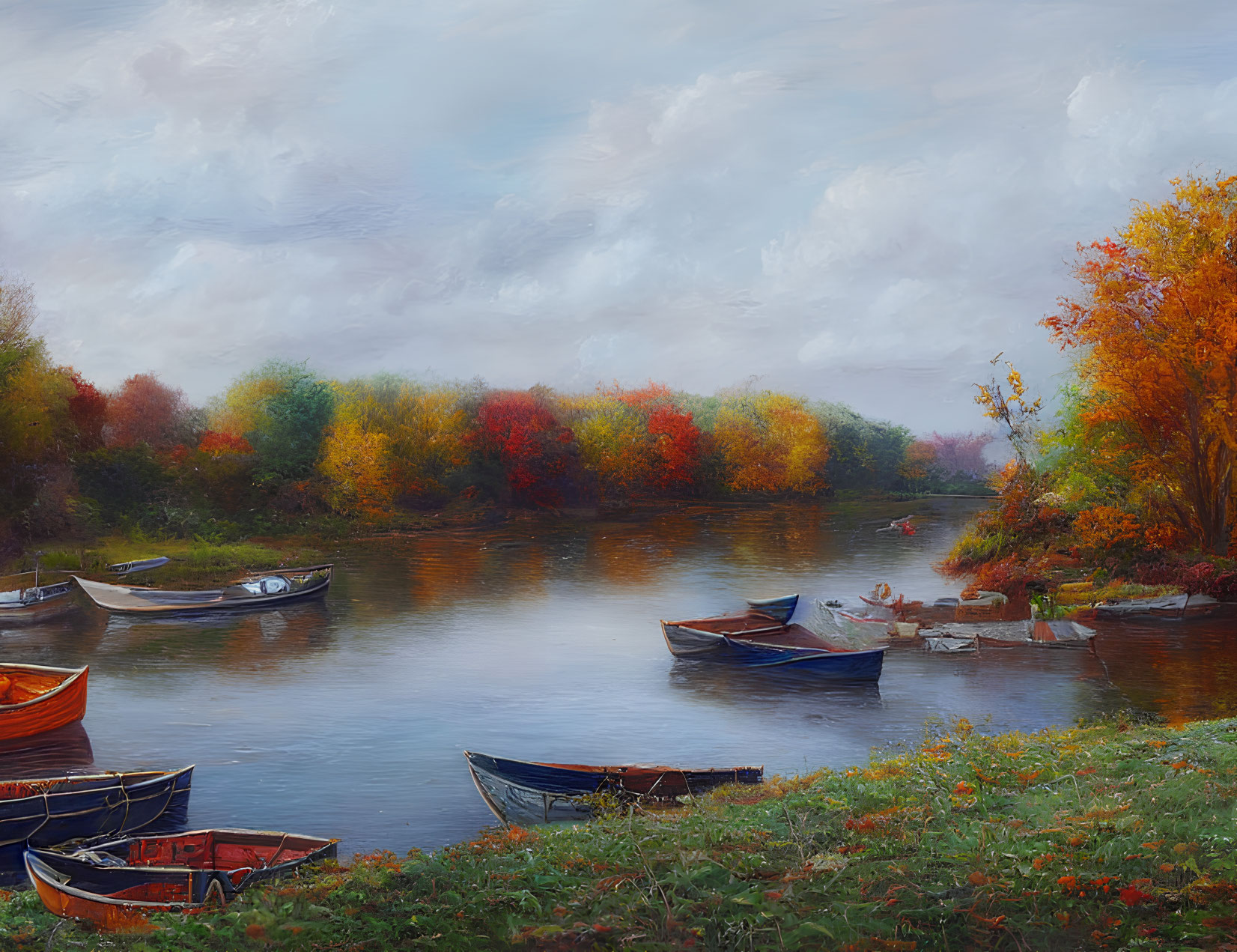 Colorful autumn trees reflected in calm river with moored boats under overcast sky