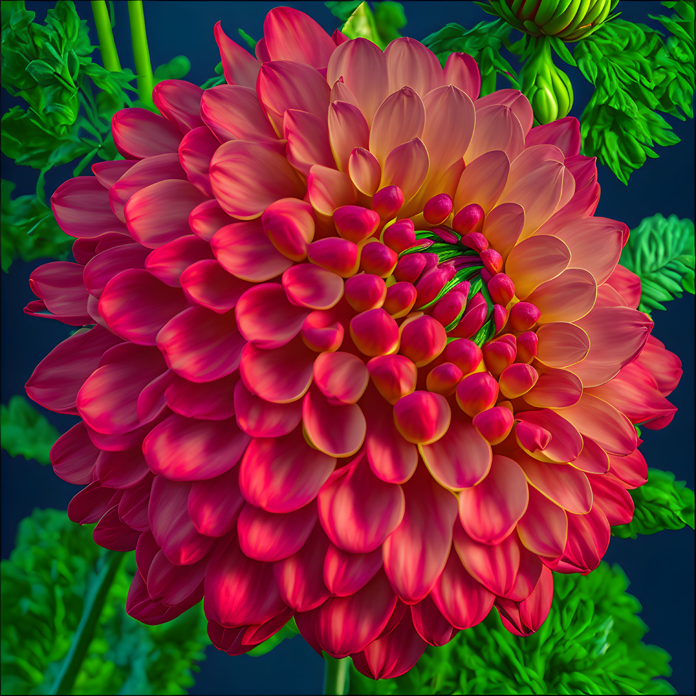 Vibrant pink dahlia flower on dark green background