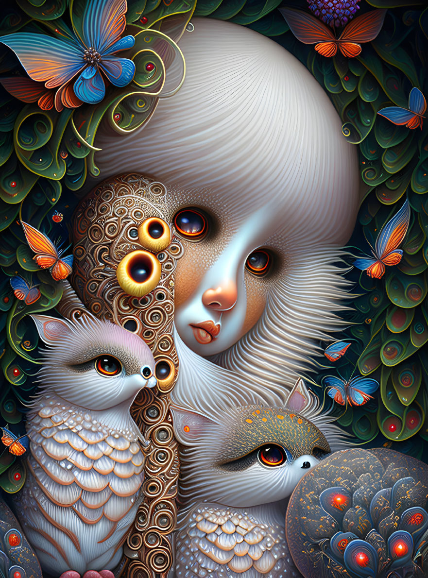 Surreal portrait featuring big-eyed woman, owl-like creatures, intricate patterns, vibrant butterflies, and