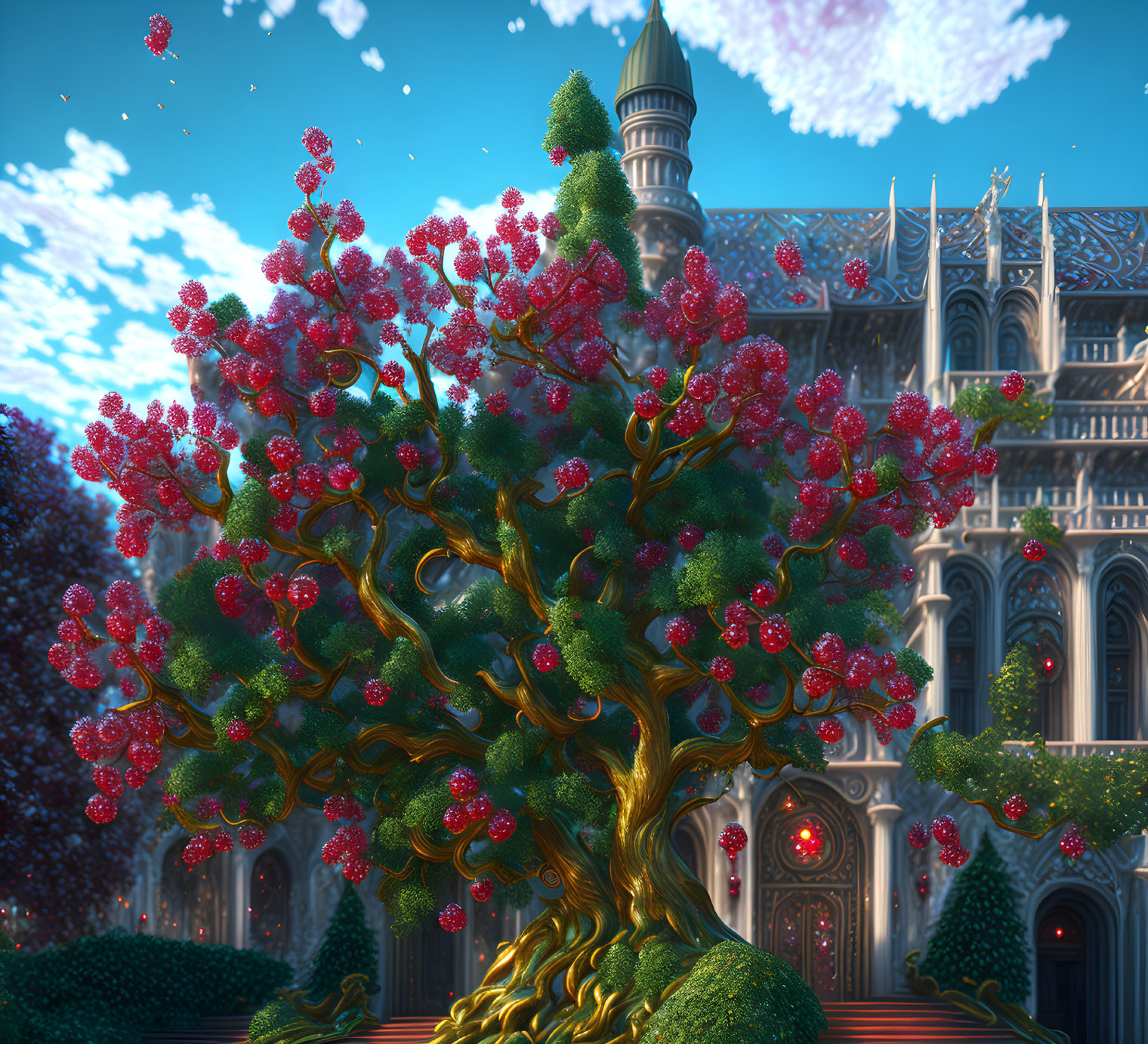 Fantasy tree with red blossoms and golden trunk near majestic Gothic castle.