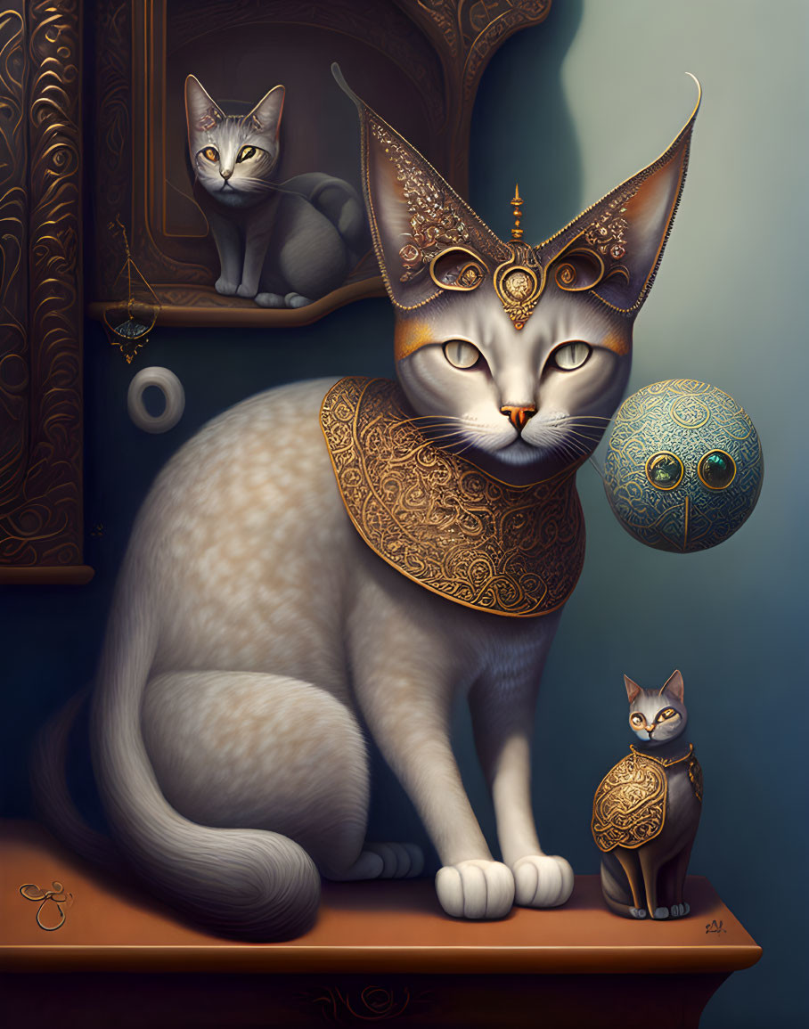 Regal cats adorned with ornate jewelry in illustration