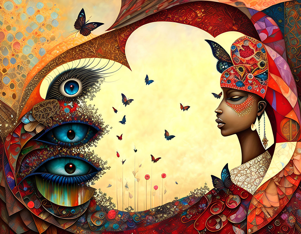 Colorful surreal illustration of adorned woman with headdress and nature motifs