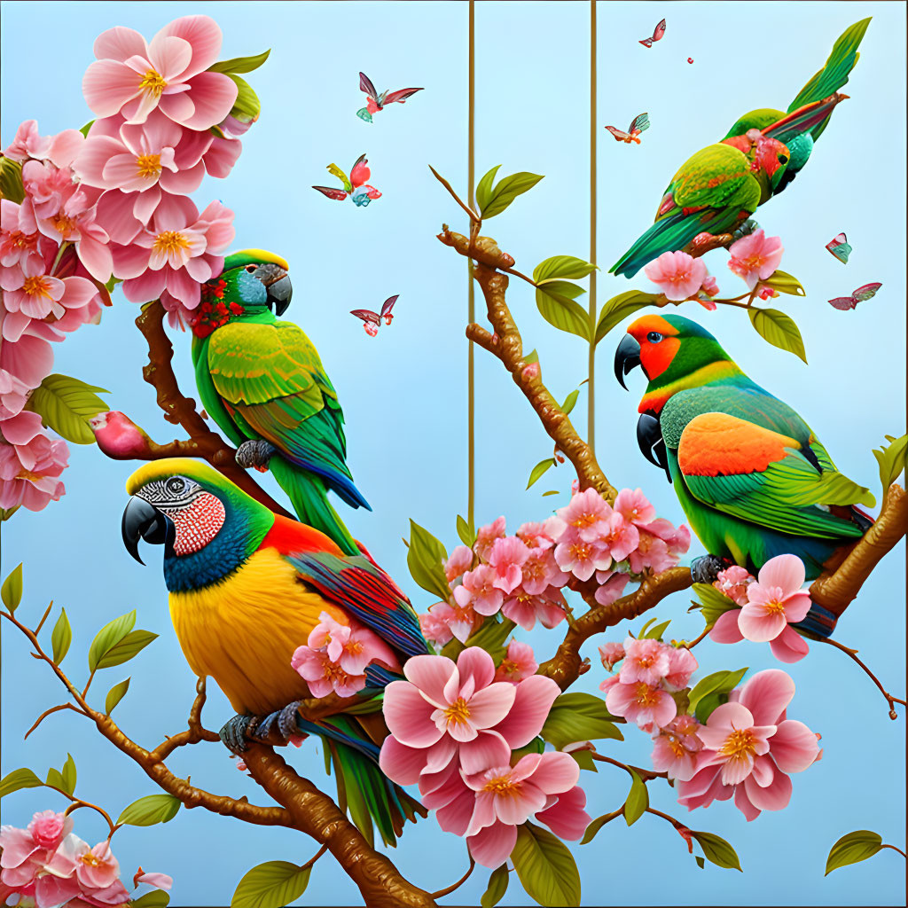 Colorful Parrots on Cherry Blossom Branch with Butterflies in Blue Sky