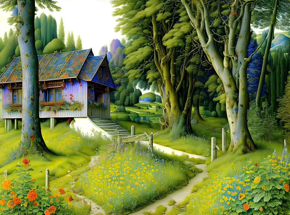 Whimsical forest digital art: vibrant colors, lush greenery, colorful flowers, quaint houses.