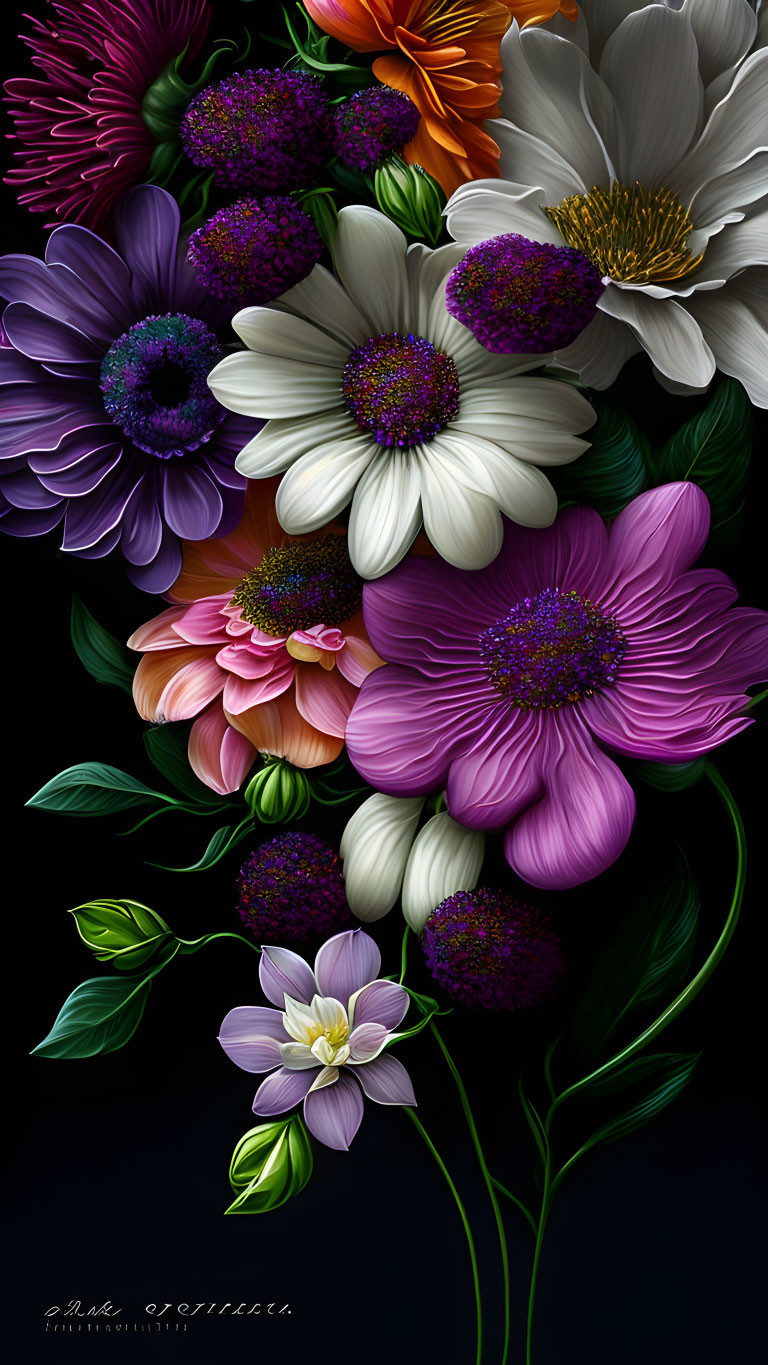 Colorful bouquet of flowers on dark background: vibrant mix of purples, whites, and oranges