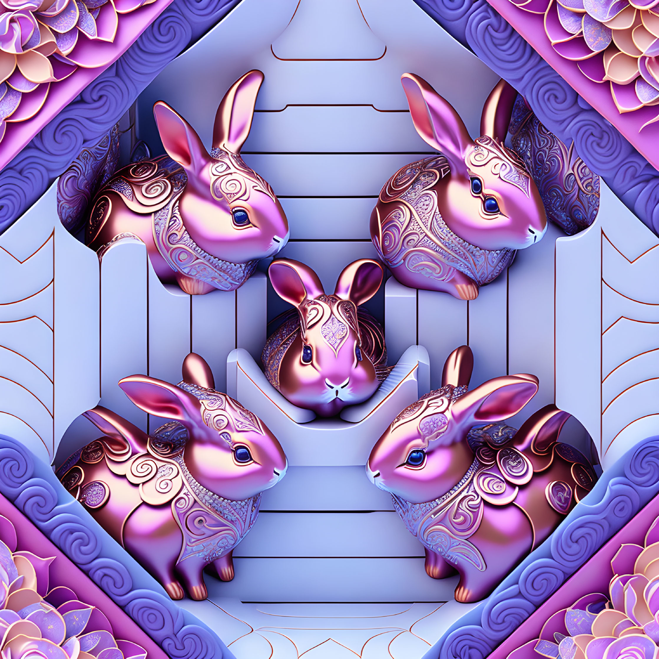 Symmetrical Metallic Rabbits on Purple Floral Background