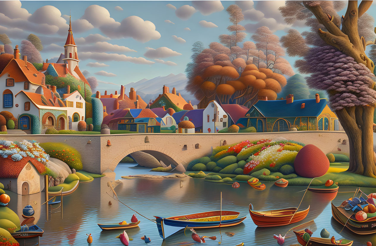 Colorful village painting: river, boats, stone bridge, vibrant flora, stylized trees, blue