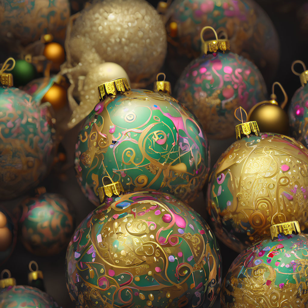 Cluster of Intricate Gold, Pink, and Turquoise Christmas Balls