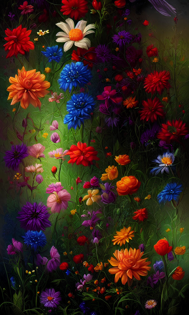 Assorted colorful flowers in full bloom against a dark, moody background