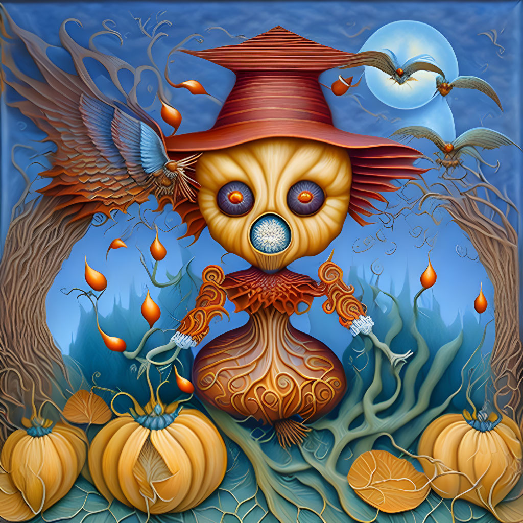 Whimsical autumn character with pumpkin body and owl-like eyes