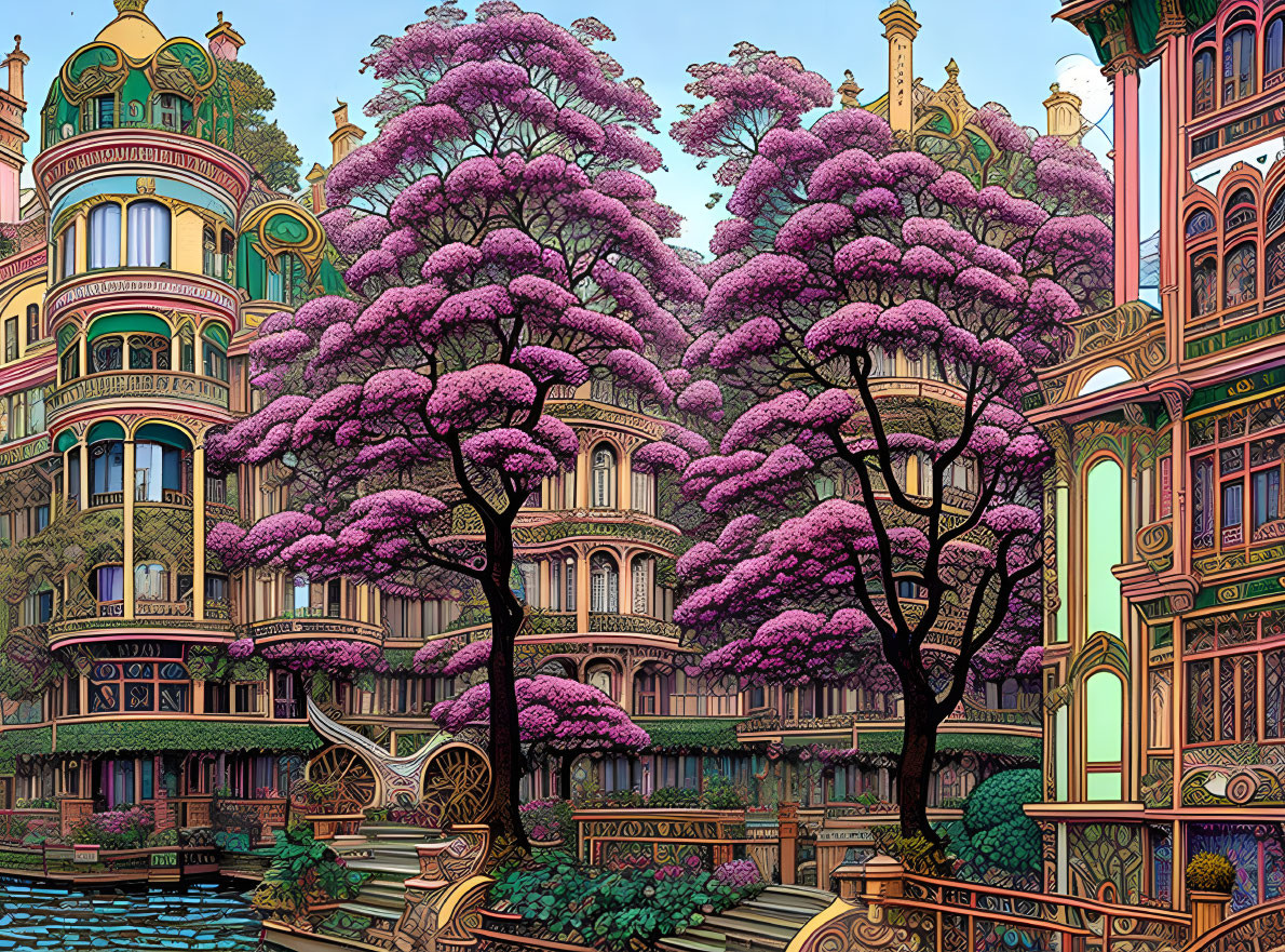 Fantastical building surrounded by purple trees and serene pond