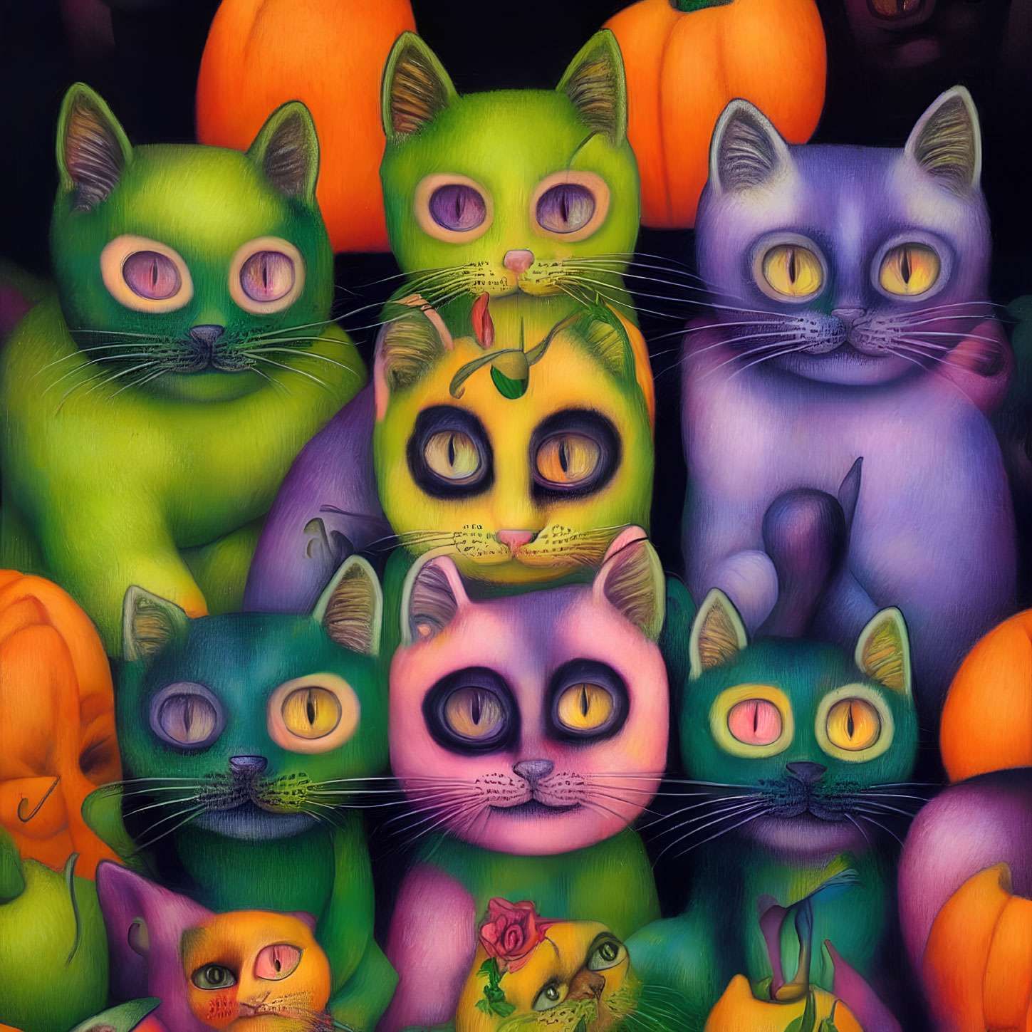 Whimsical cats with large eyes and pumpkins in colorful illustration