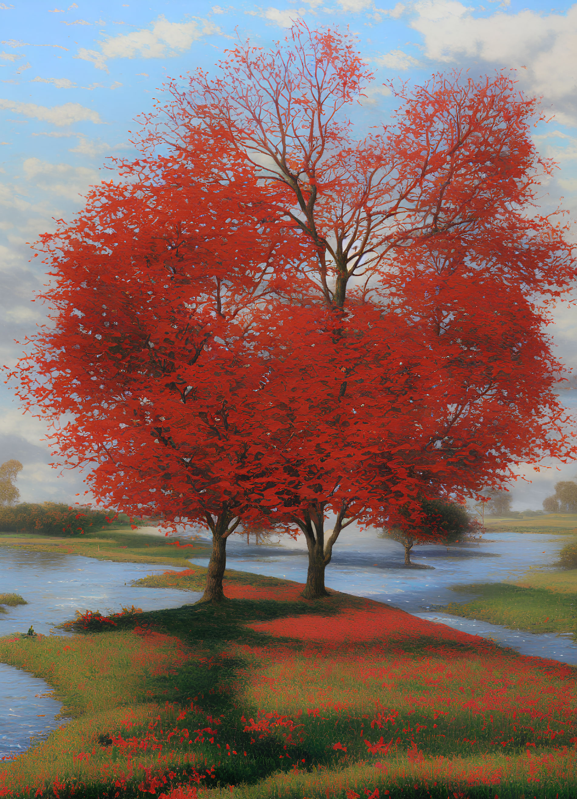 Vibrant red tree in lush greenery with stream and red flowers under blue sky