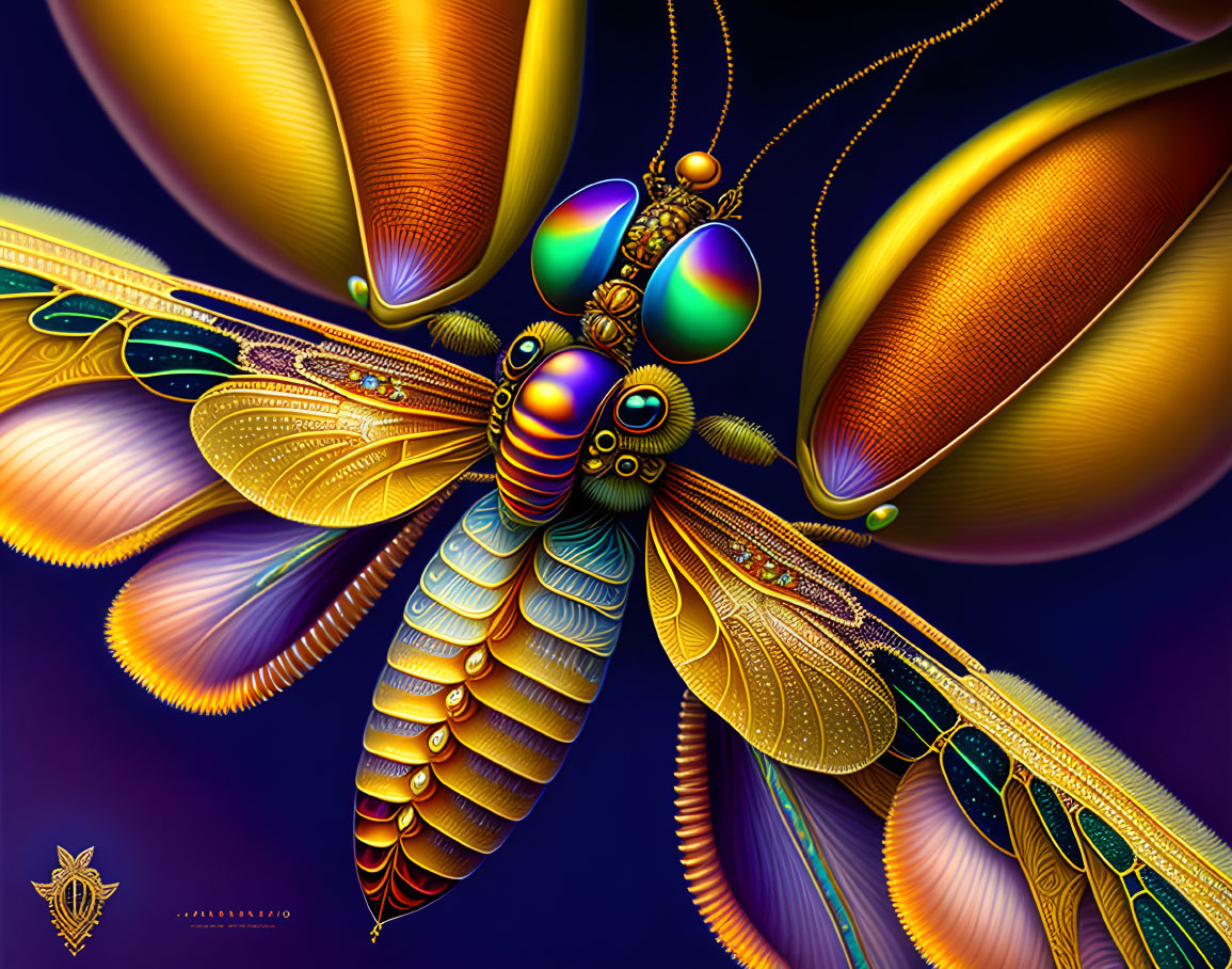 Detailed Dragonfly Digital Art with Gold, Blue, and Iridescent Colors