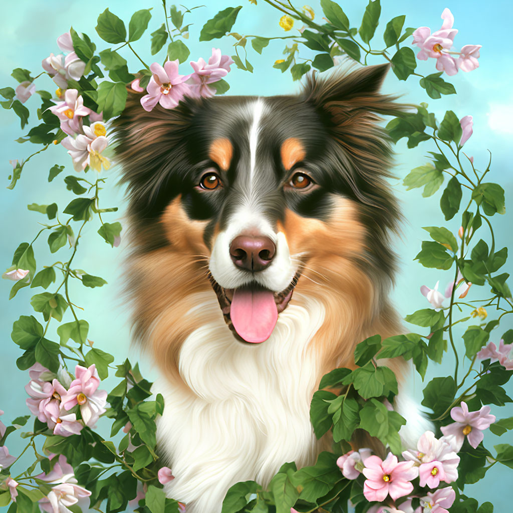 Fluffy Australian Shepherd Surrounded by Pink Flowers