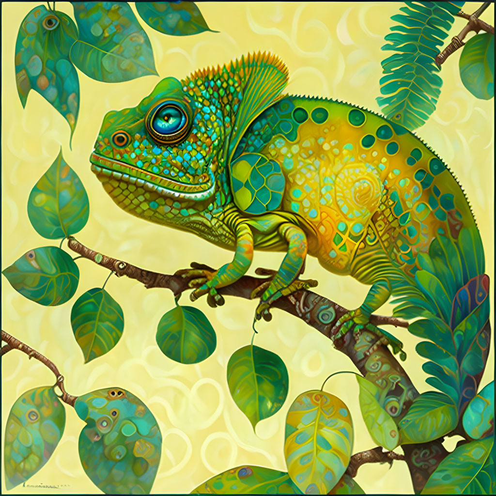 Colorful chameleon illustration on branch with intricate patterns