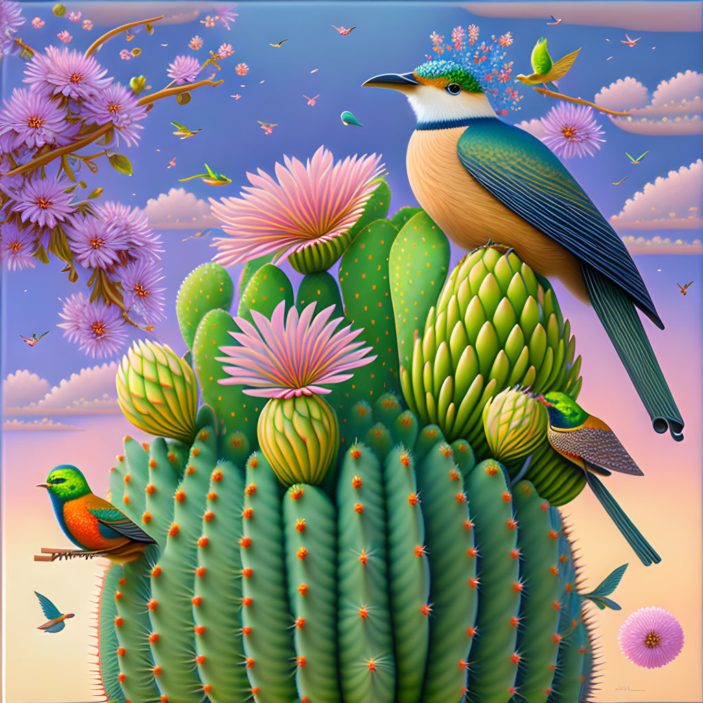 Colorful Birds and Cactus Illustration with Butterflies and Blossoms