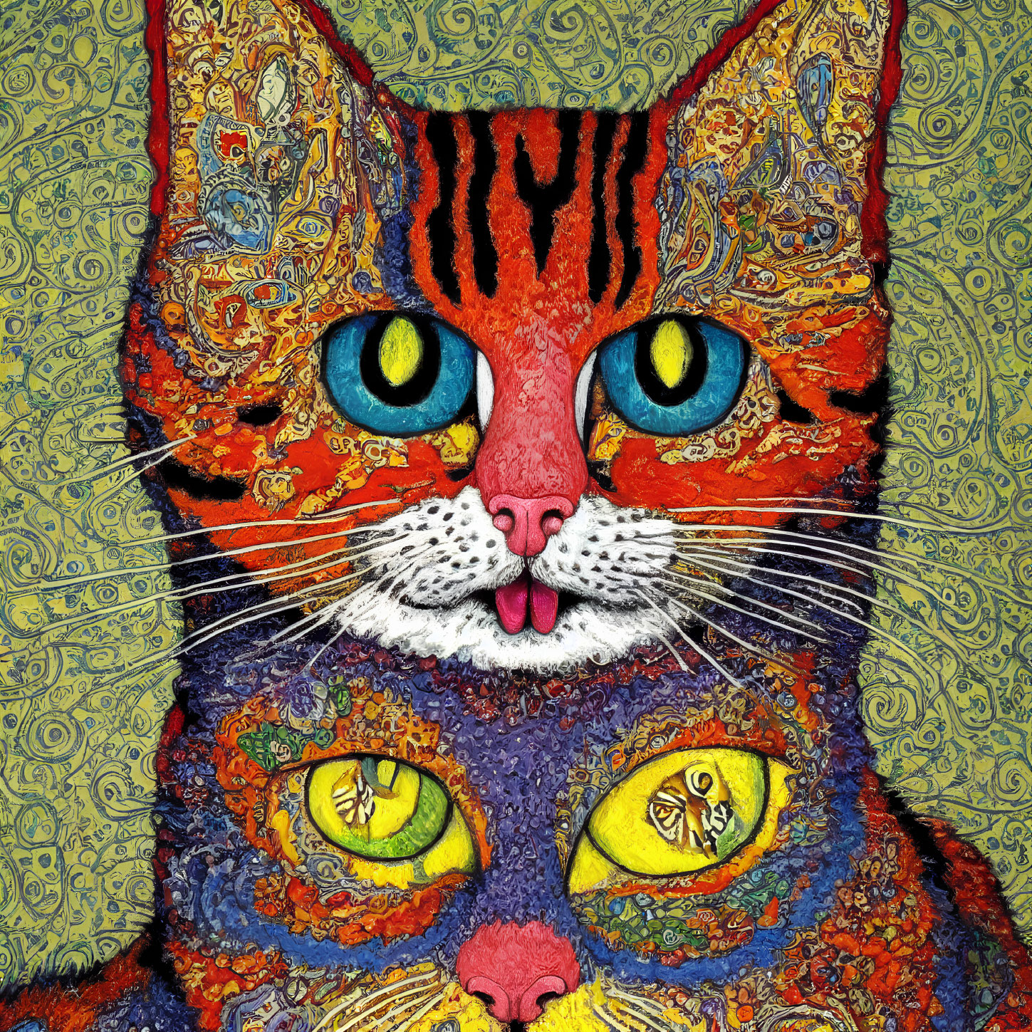 Colorful Mosaic Cat Illustration with Bright Blue Eyes