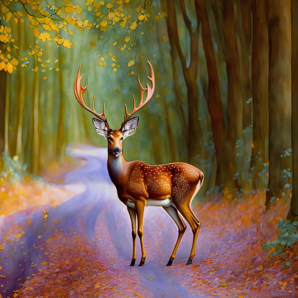 Majestic deer in autumn forest with orange and yellow leaves