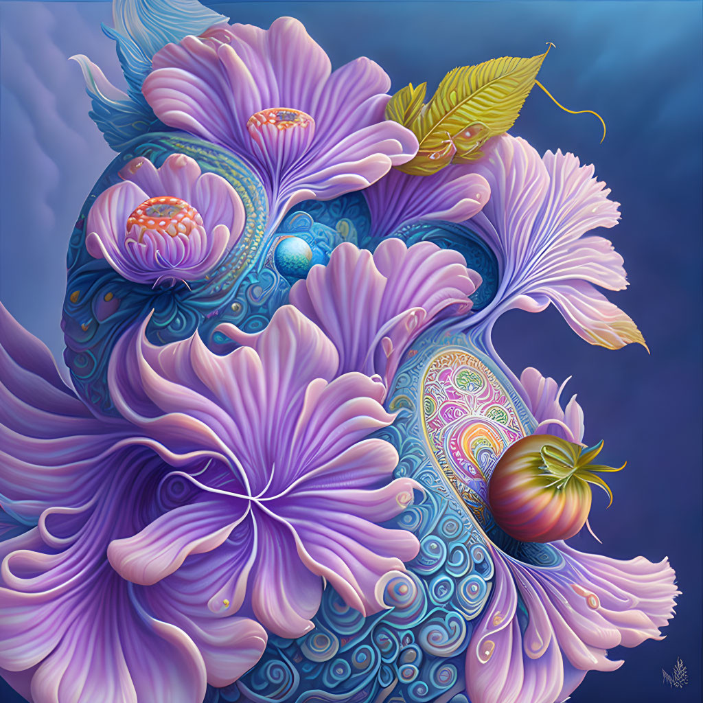 Digital art: Stylized purple flowers, butterfly, and ornate details on blue background