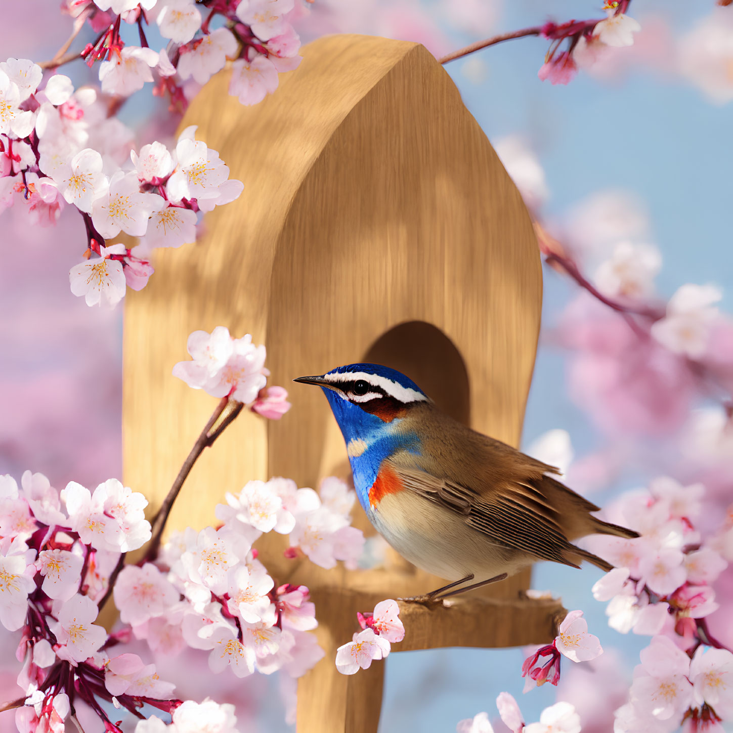 Colorful Bird on Cherry Blossom Birdhouse Against Blue Sky