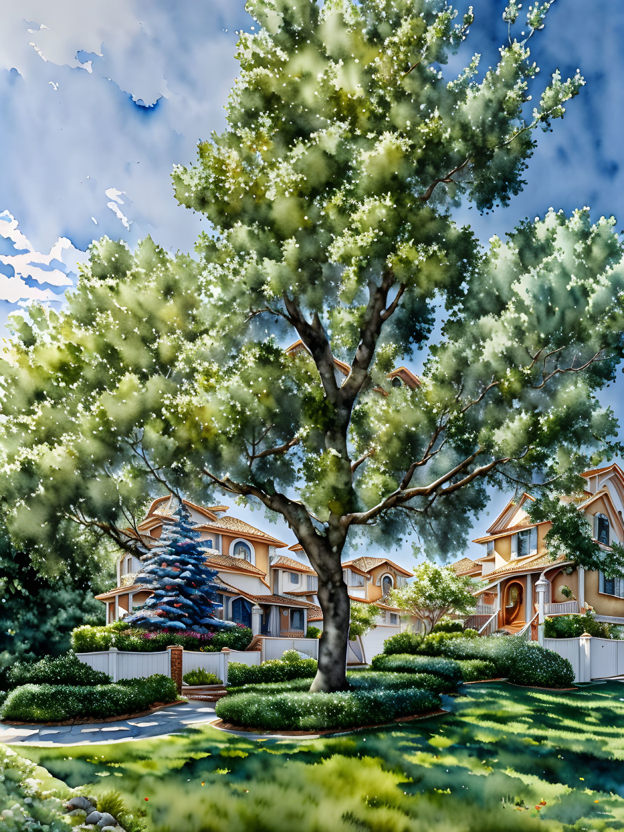 Scenic view of lush tree, elegant houses, and clear sky