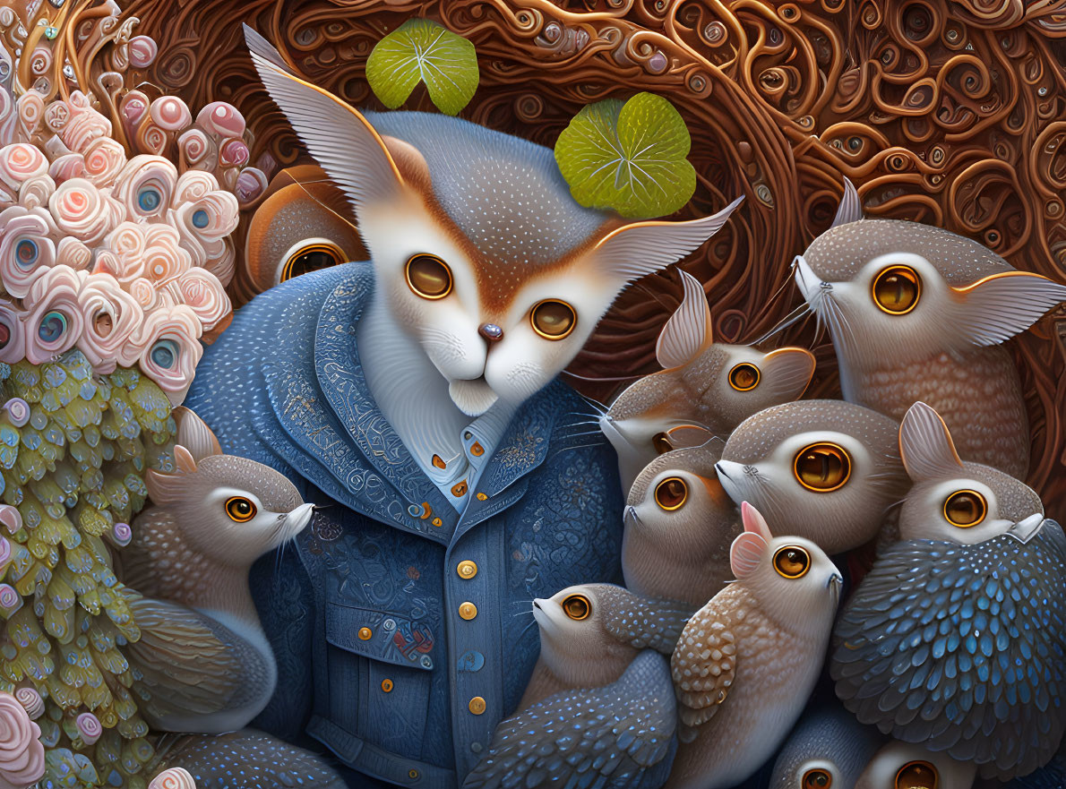 Surreal illustration of stylized owls with cat-like features in ornate attire among floral patterns