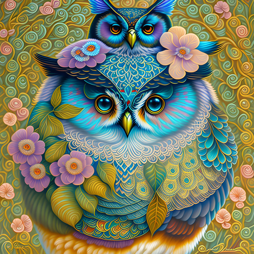 Colorful Owl Illustration with Intricate Patterns and Floral Details