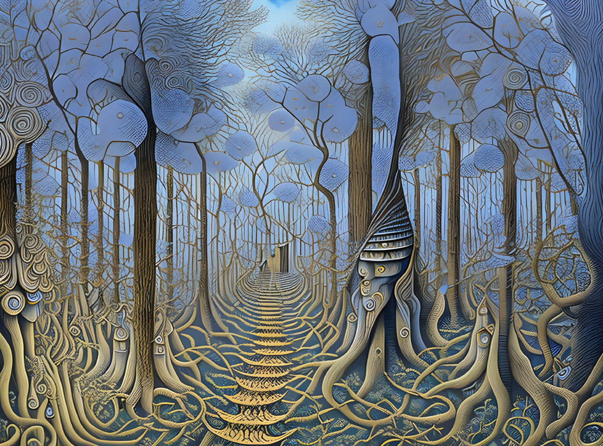 Intricate stylized forest with surreal patterned trees under ornate blue sky