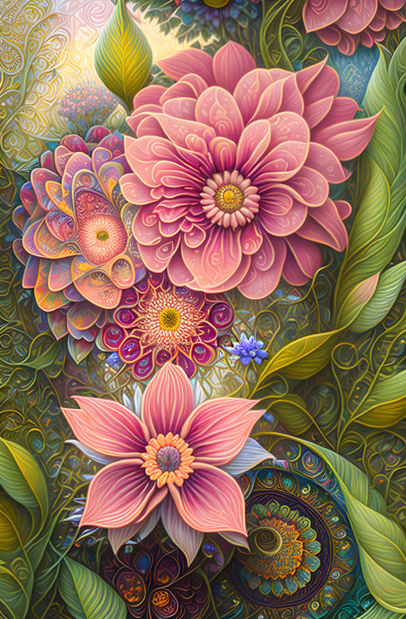 Colorful Floral Artwork with Intricate Leaf Patterns