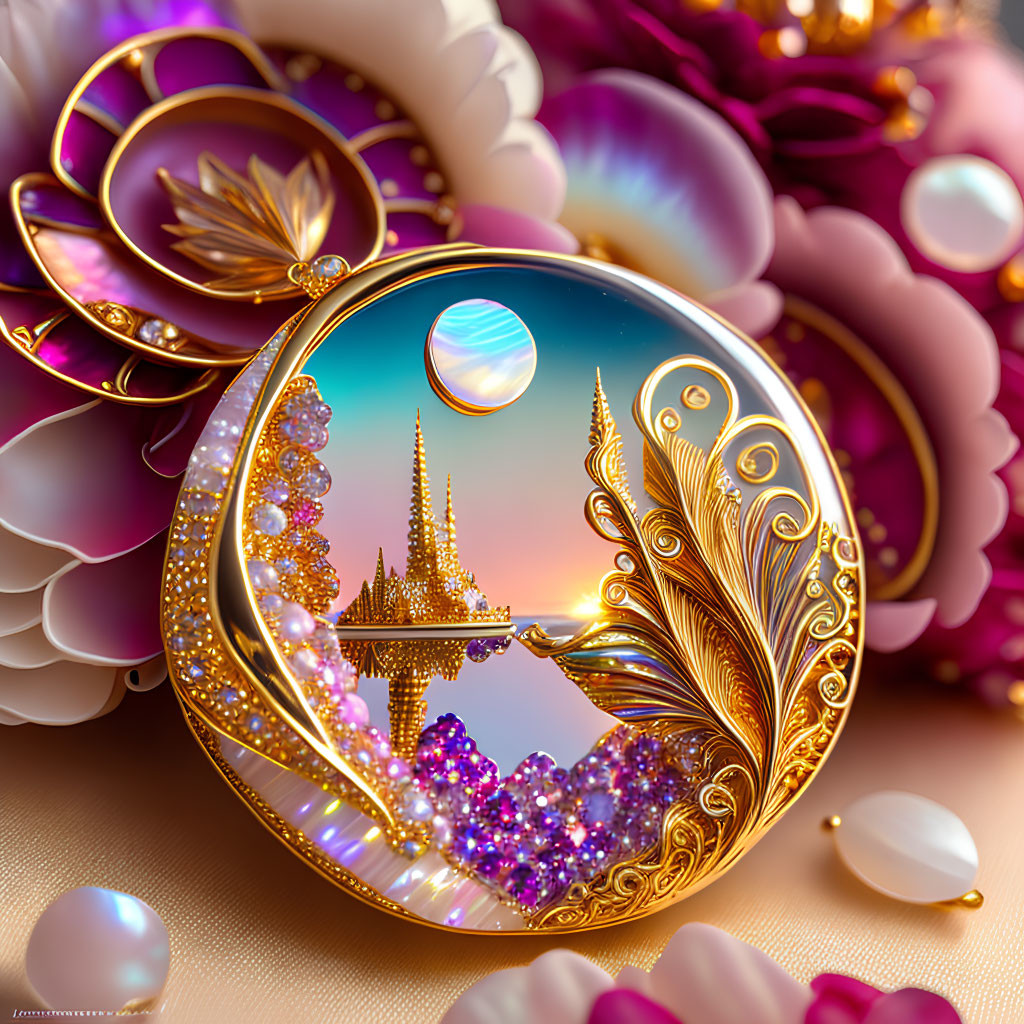 Gold and Pearl Compact Mirror with Fantasy Castle and Feather Design on Pink Background