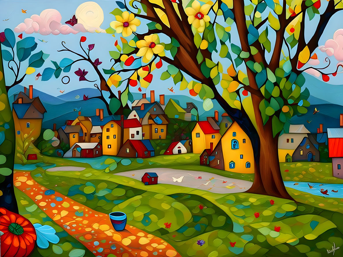 Vibrant Village Painting with Whimsical Houses and Trees