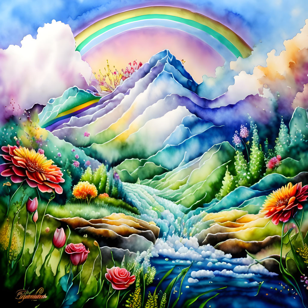 Colorful Mountain Landscape Painting with Flowers, Rainbow, and Clouds