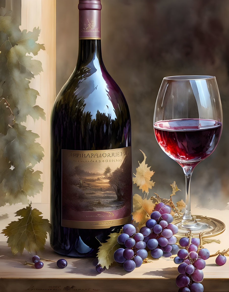 Realistic still life: Wine bottle, glass, grapes & leaves on label