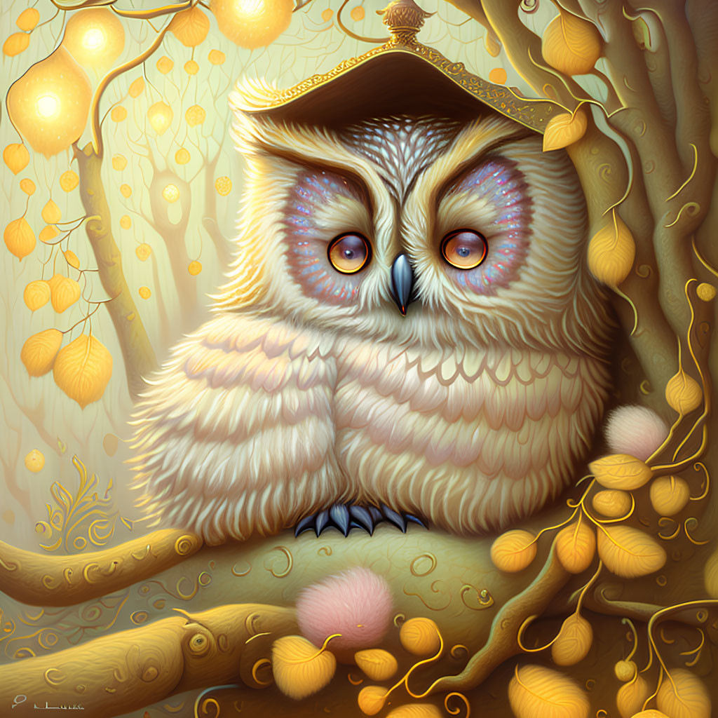 Round fluffy owl on branch with lanterns in golden foliage