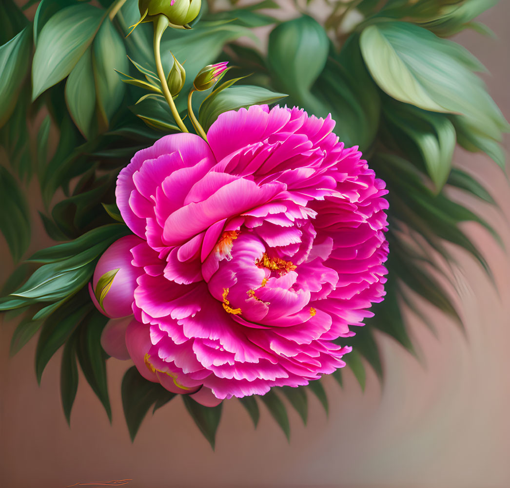 Pink Peony with Green Leaves and Yellow Stamens