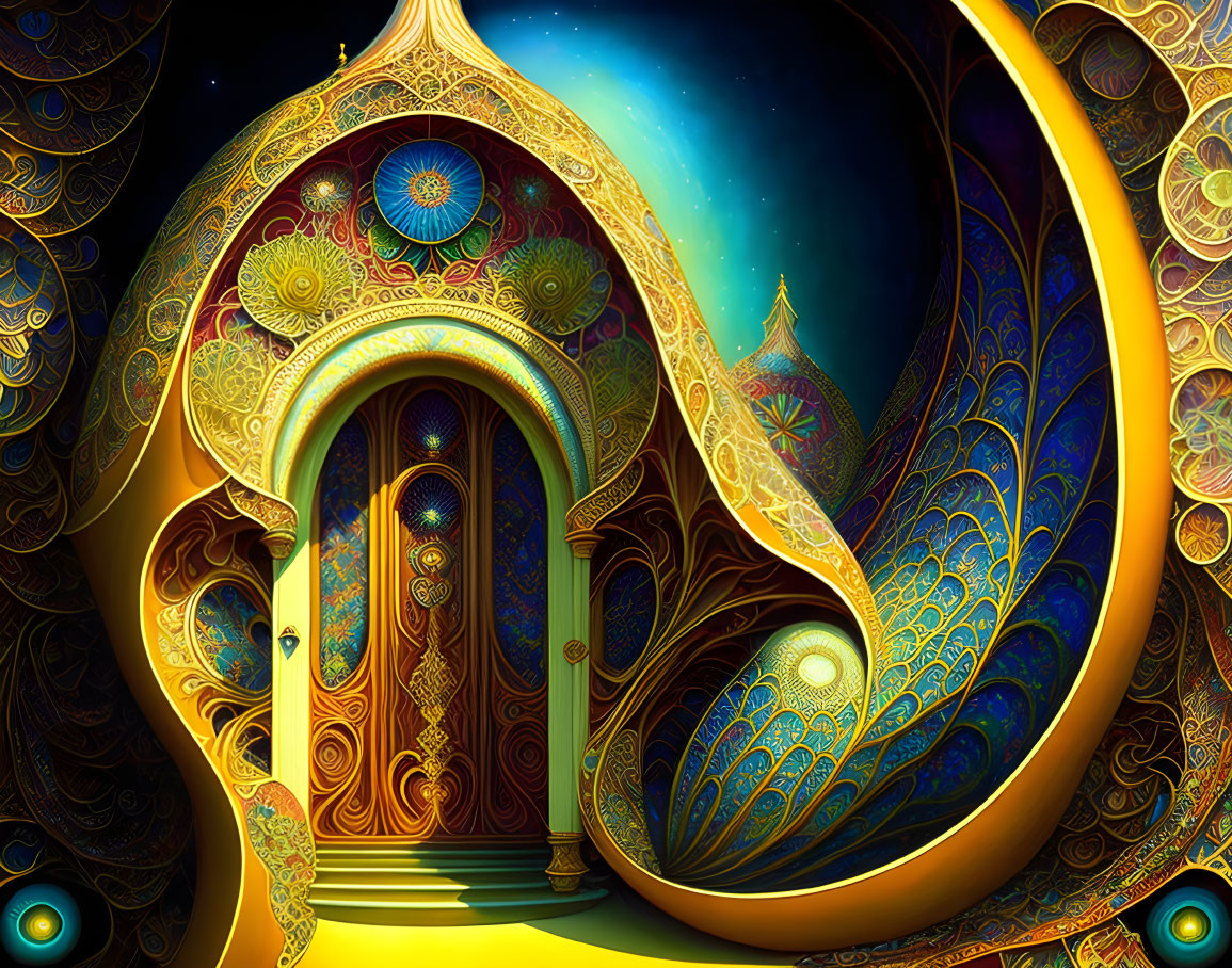 Intricate digital artwork: Golden door with peacock feather motifs