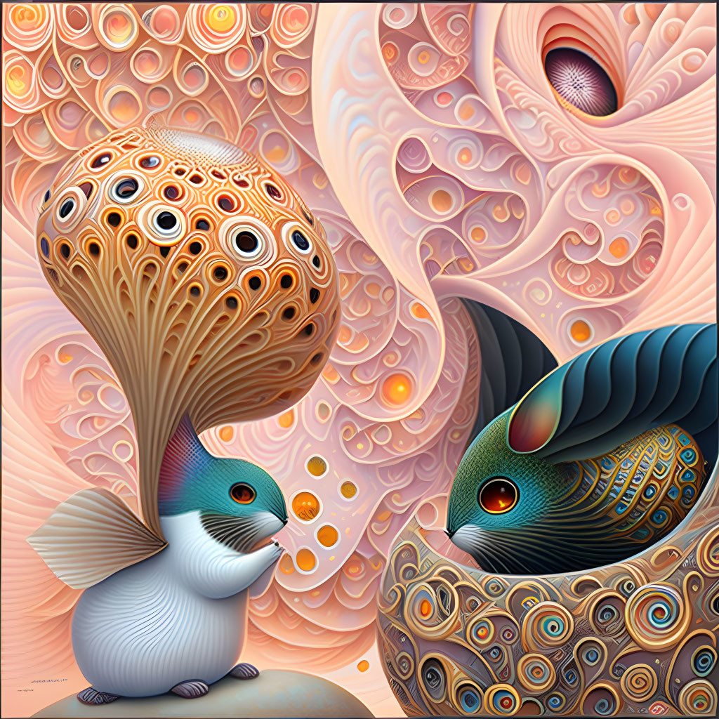 Psychedelic Fish and Ornate Creature in Colorful Fractal Scene