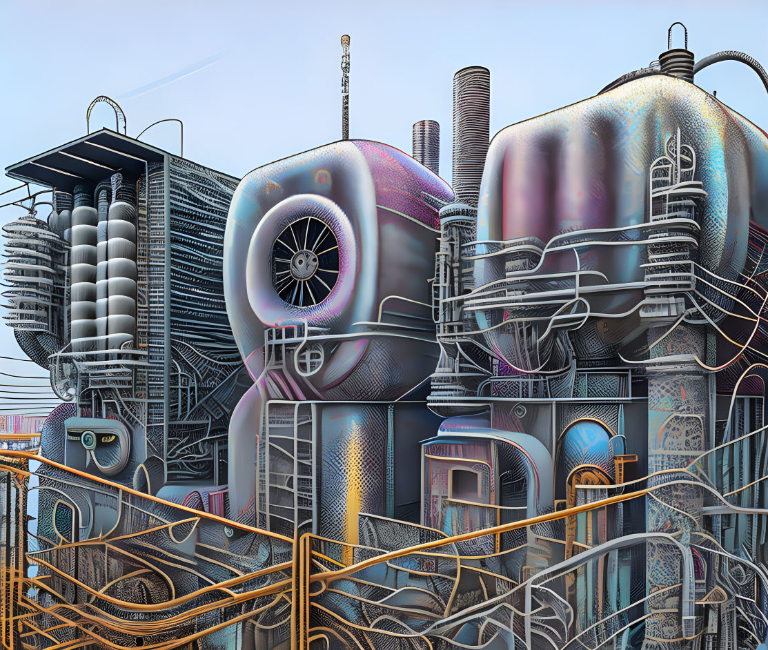 Intricate futuristic machinery with metallic structures and colorful designs