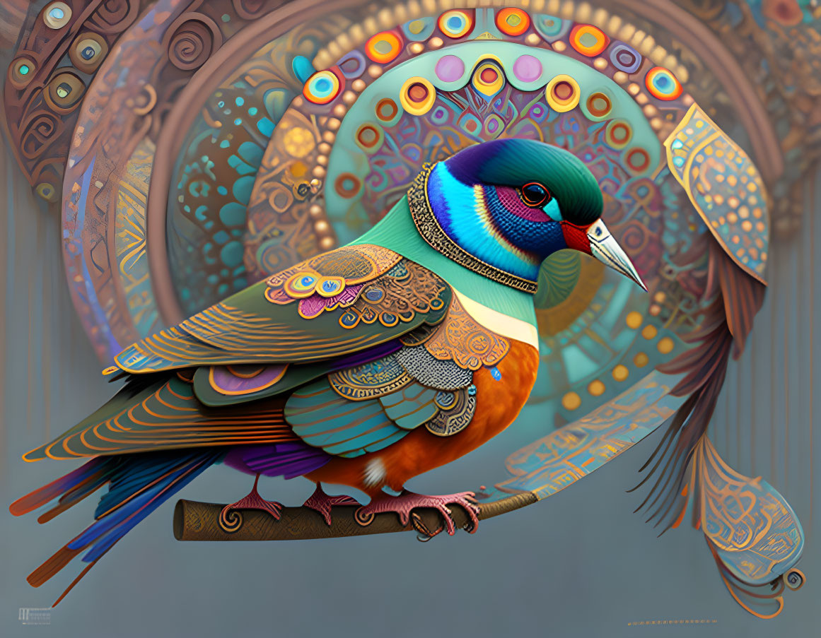 Colorful Bird Illustration with Elaborate Patterns and Ornate Background