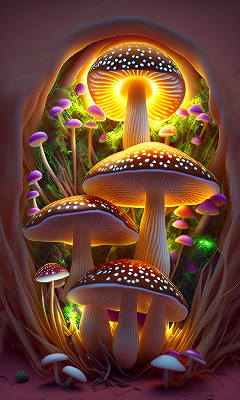 Colorful digital art: Whimsical forest scene with oversized mushrooms in purple and orange hues.