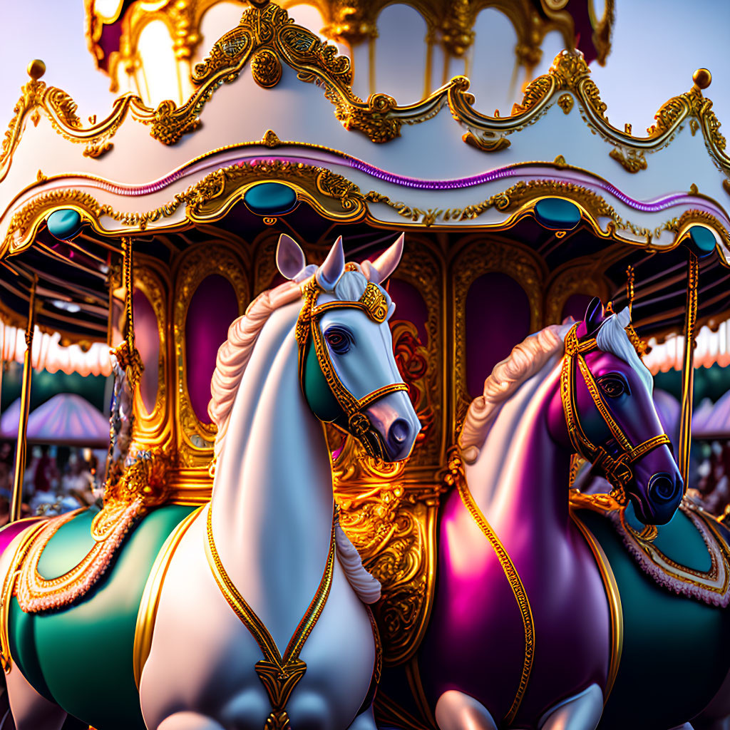 Colorful Carousel with Ornate Horses and Golden Canopy