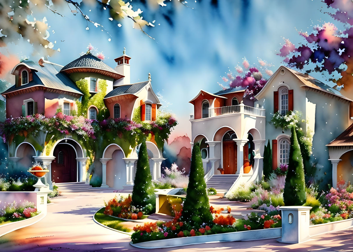 Colorful illustration of idyllic estate with lush gardens and floating blossoms